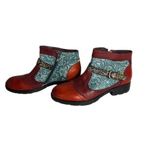 Socofy Womens 39 8 Boho Ankle Boots Leather Patchwork Floral Zip Buckle Booties